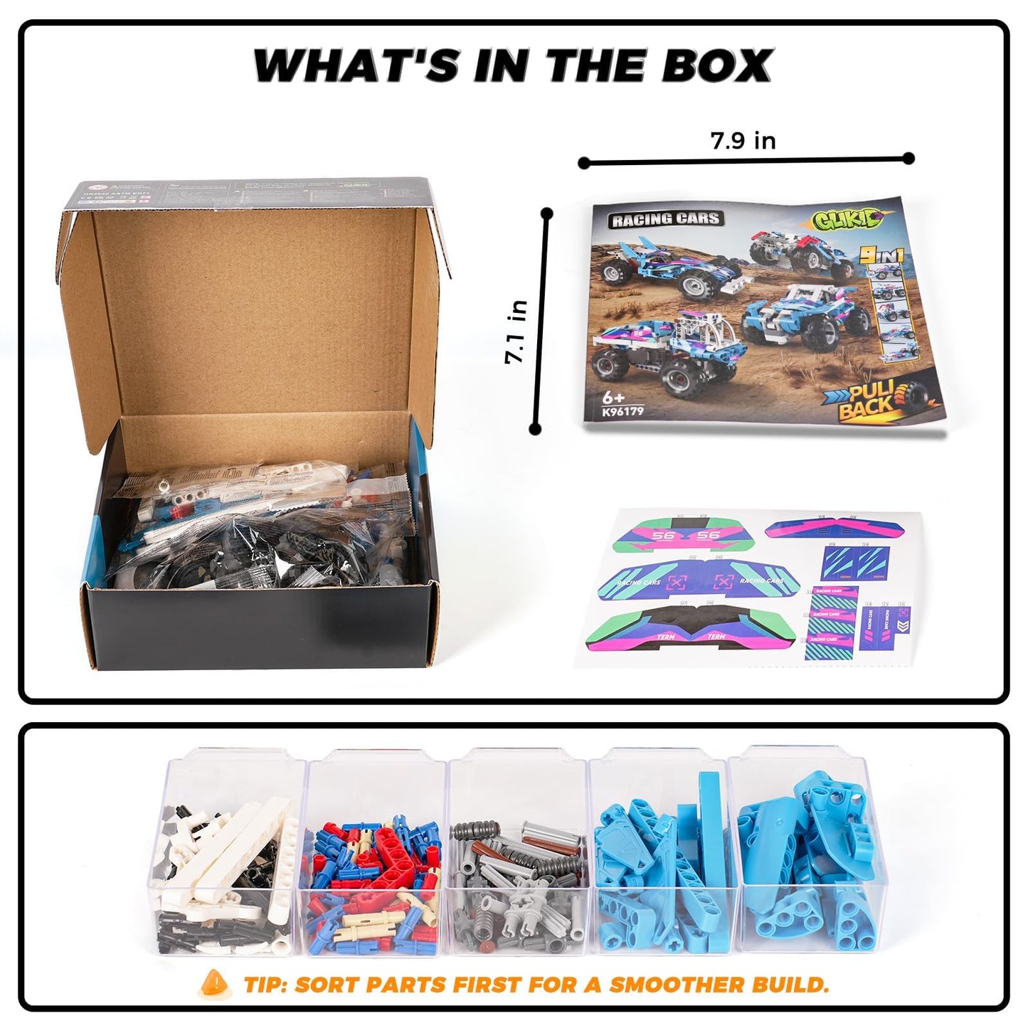 Glikid Technic 9 in 1 Pull-Back Car Building Set - Off-Road Race Vehicle Models for Boys and Girls, STEM Engineering Toy for Kids Ages 8 and Up | Ideal Gift for Birthdays