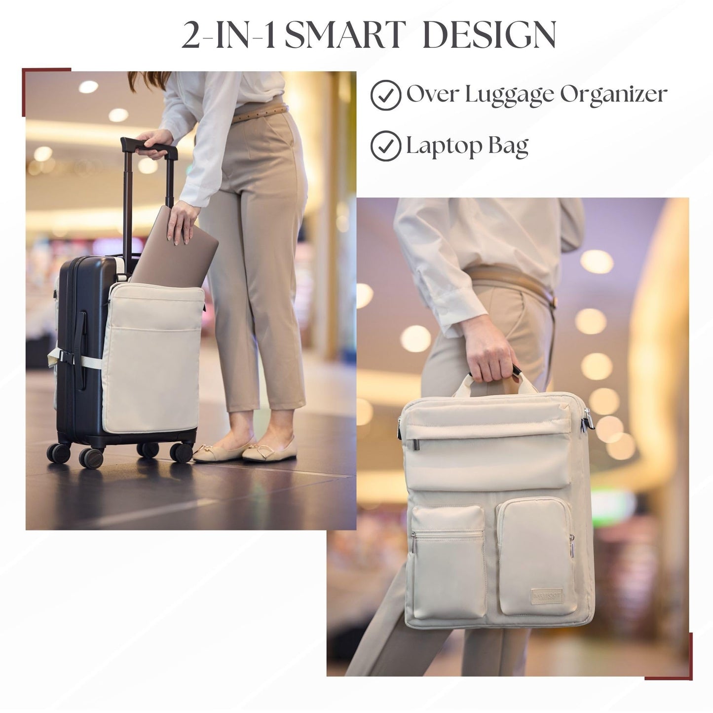 BAREFOOT CARIBOU Over Luggage Organizer for Carry On Bag or Suitcase with Storage Pockets, 16” Laptop Sleeve with Handle, Travel Accessories Bag Slide On Luggage Harness with Adjustable Straps (Ivory)