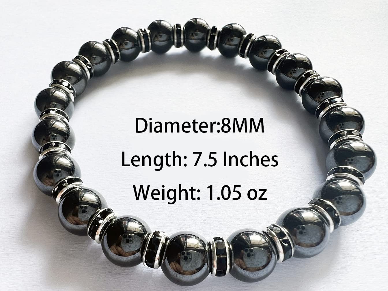 Apocalyptic-K Women's Magnetic Bracelet，Hematite Bracelets，Magnetic Bracelets With Zirconia,Handmade Stretch Bracelet，Eliminates static electricity. (Black Zirconia,8MM)