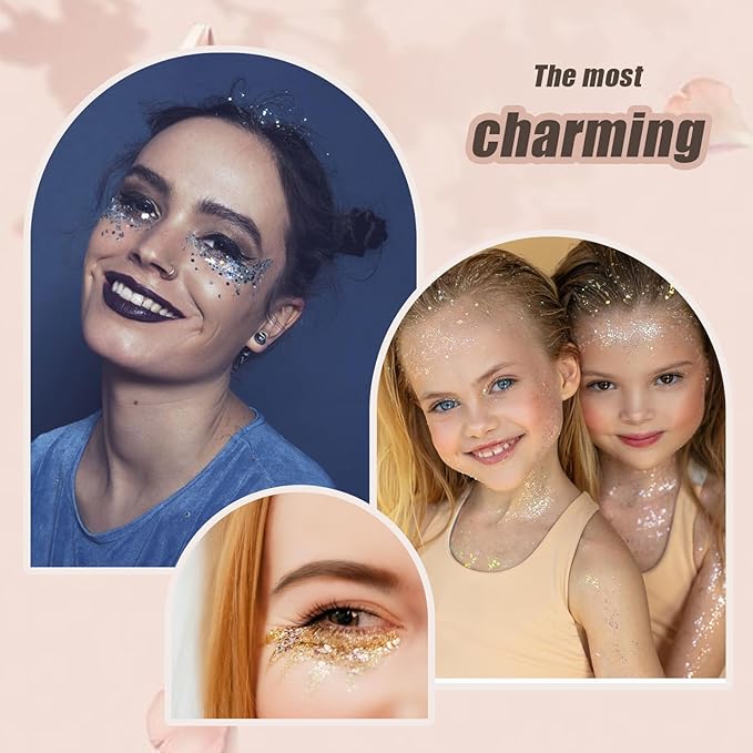 Face Body Glitter, Hair Glitter Sparkles Chunky Face Glitter Gel for Girls Makeup Singer Concerts Mermaid Festival Sequins Face Paint