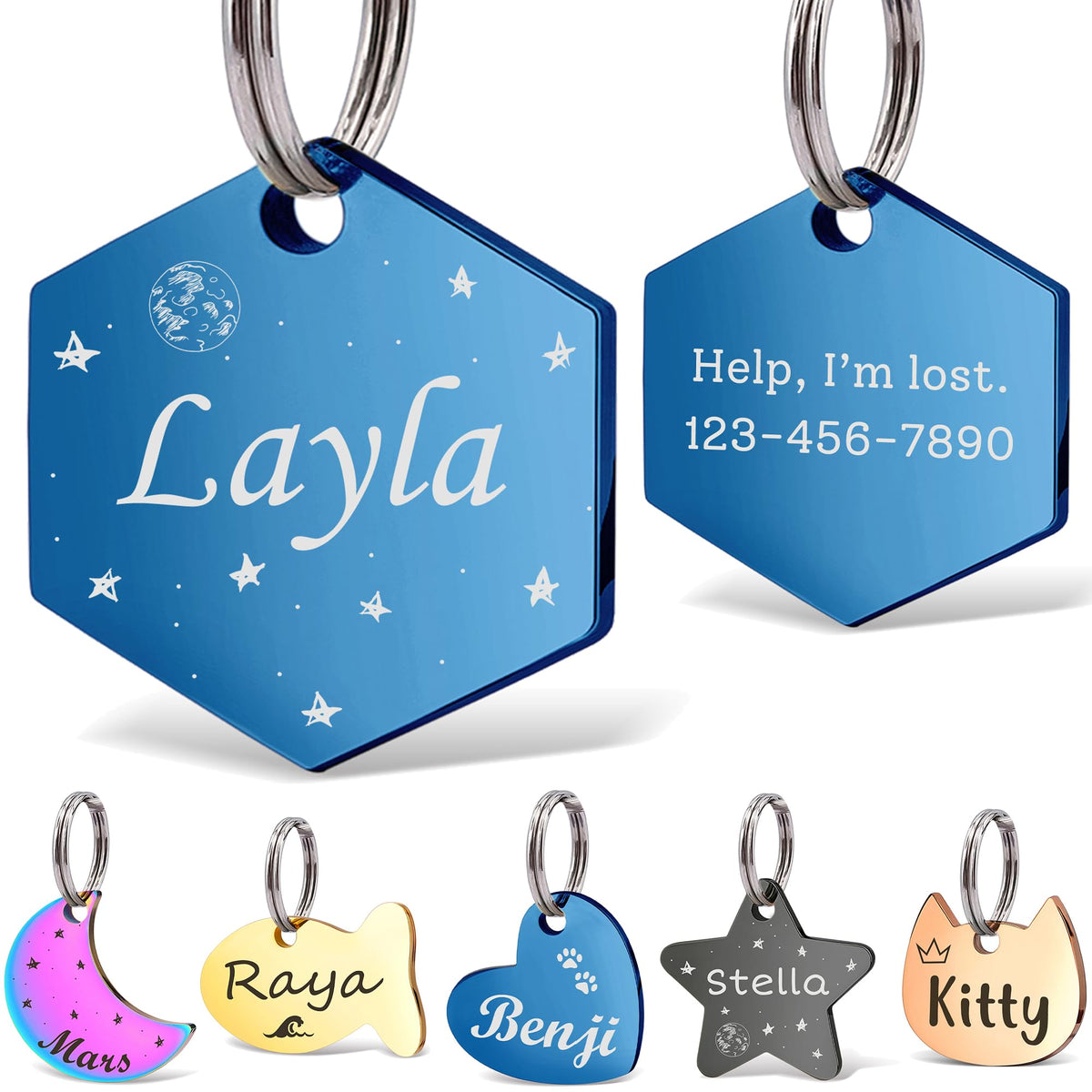 Anavia Small Size Dog Cat ID Tags, Small/XS Personalized Color Plated Stainless Steel Puppy Kitten Name Tags, Customized Engraved Nameplate Pet Collar Tag (Blue, Star)
