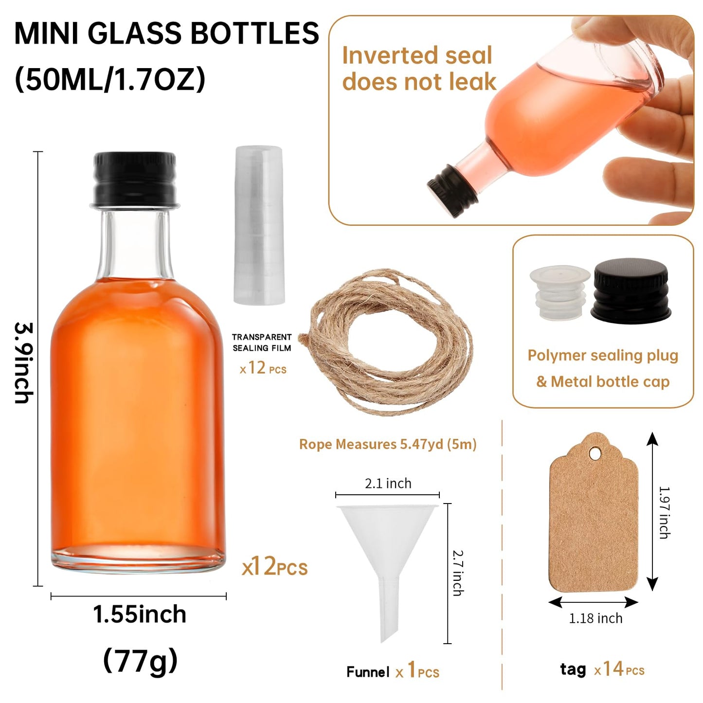 eispap 12pcs 1.7 OZ Mini Glass Liquor Bottles with Lids Small Glass Wine Bottle Reusable Empty Alcohol Bottles with Aluminum Black Screw Cap (12)