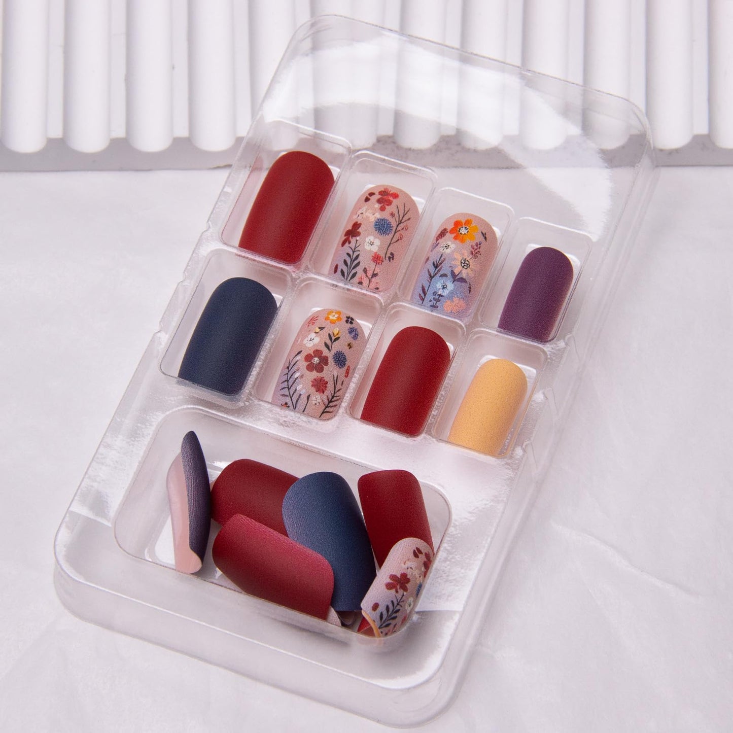 Flowers Press on Nails Square Medium Length Fake Nails Colorful Acrylic Nails Spring Floral False Nails Designs Short Squoval Artificial Nails Full Cover Glue on Nails for Women Girls 24pcs