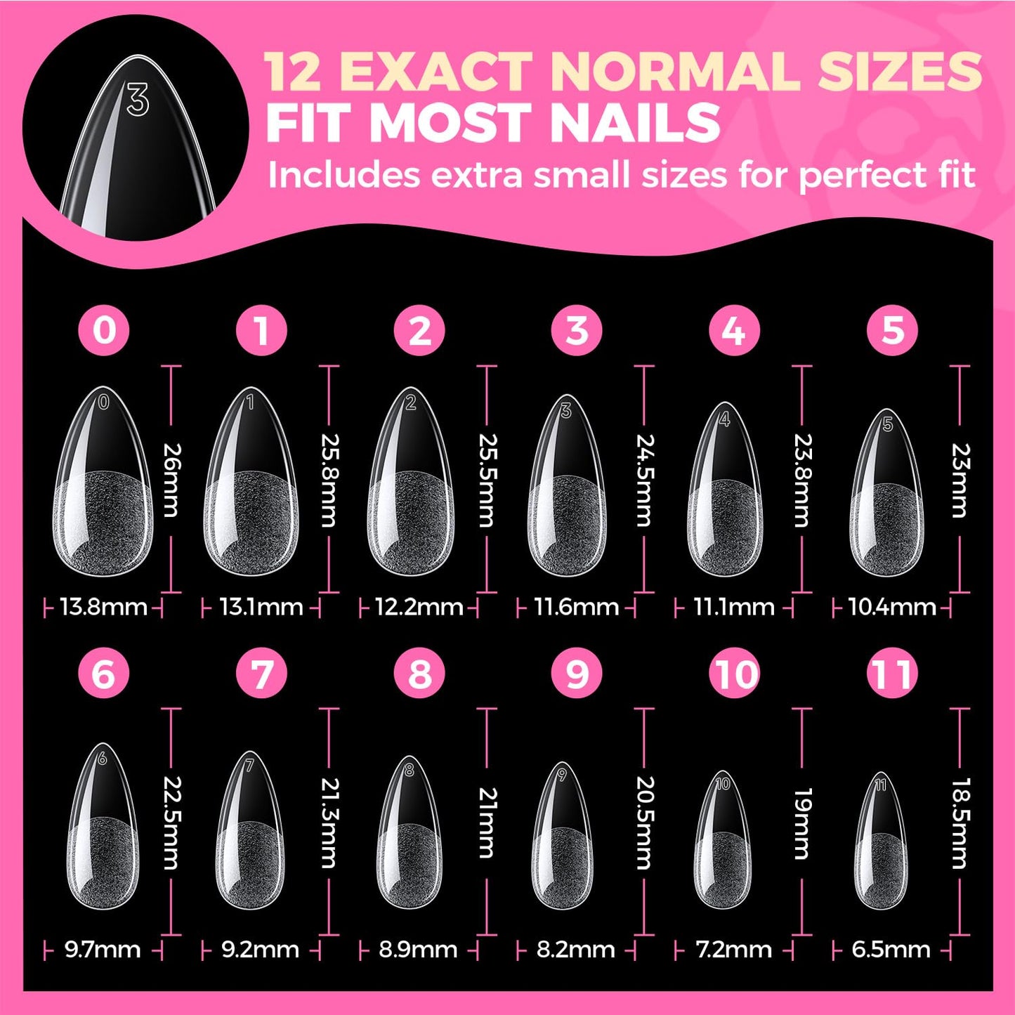 UNA GELLA Almond Gel Nail Tips, 504PCS Pre Etched Clear Fake Nails Tips Medium Almond Shape - 12 Sizes Full Cover Soft Acrylic Press On Nail Extensions No C Curve Gift for Diy at Home