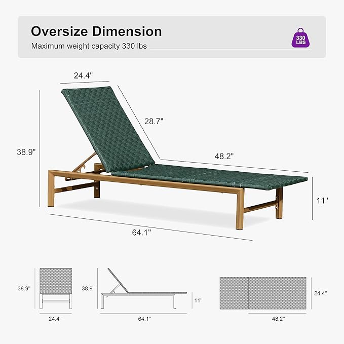 PURPLE LEAF Patio Chaise Lounge Rattan Chair Outdoor Pool Adjustable Recliner Wicker Lounger for Outside Woven Furniture Tanning Poolside Lounger Forest Green