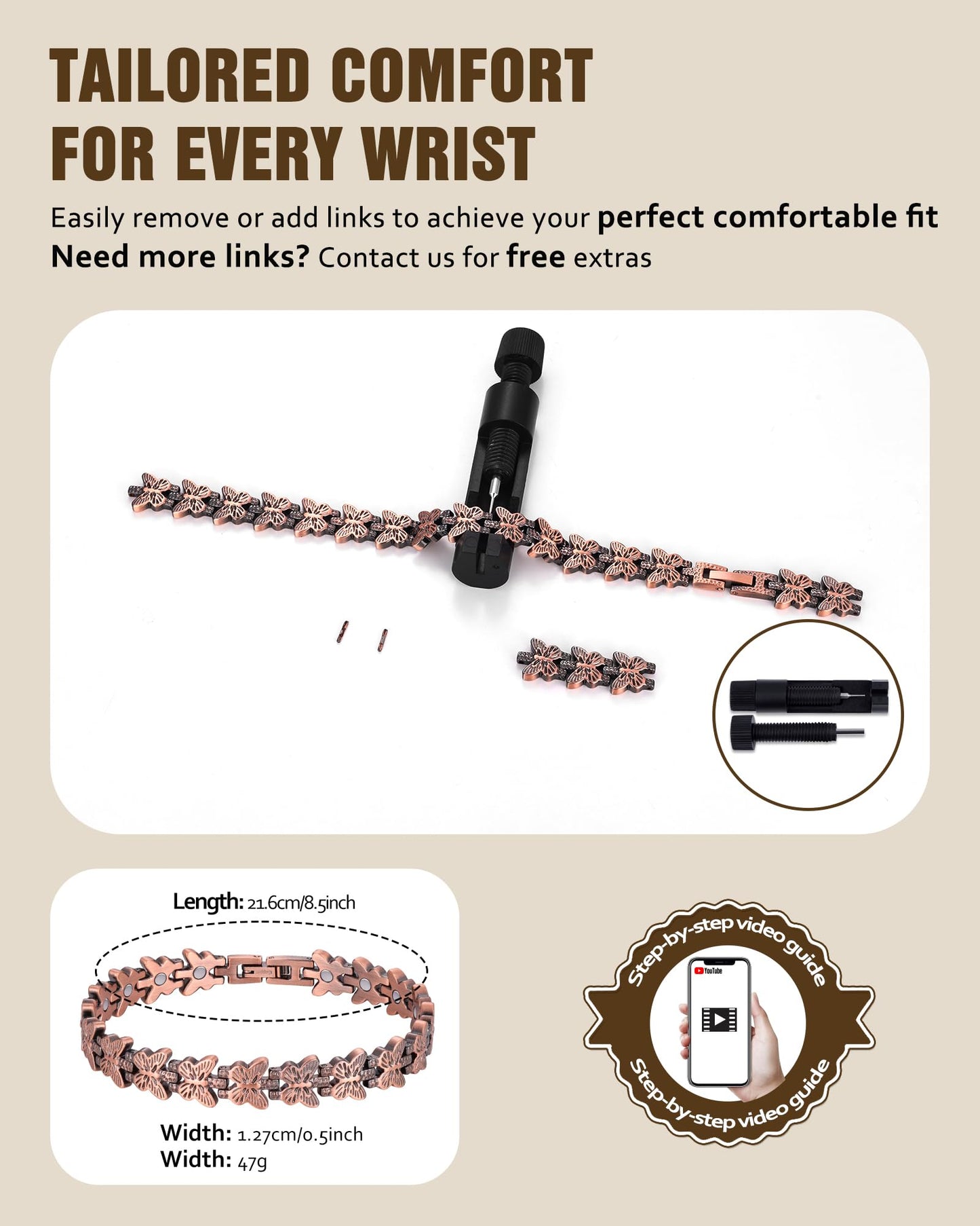 Jecanori Copper Magnetic Bracelets for Women, Pure Copper Bracelet with 3800 Gauss Ultra Magnets and Sizing Tool,Butterfly Elegance