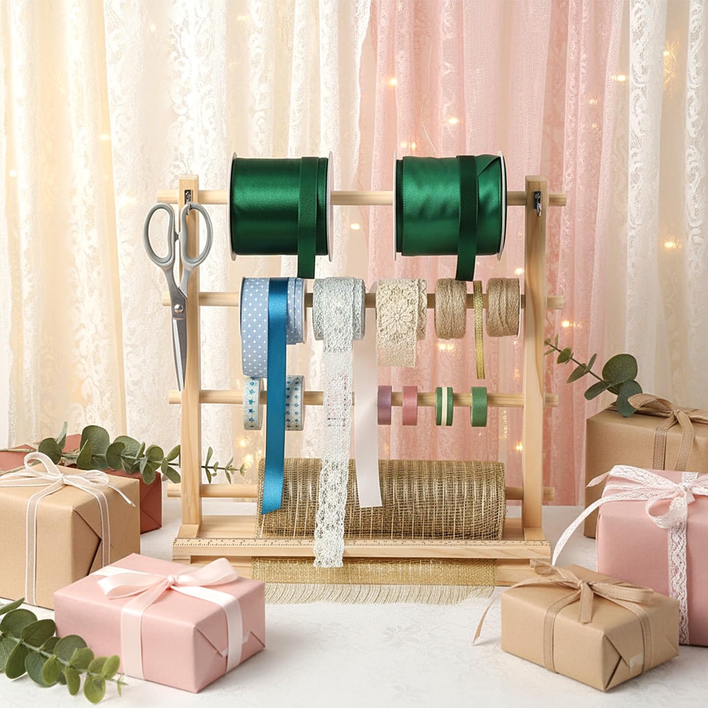 Ribbon Storage Rack Spool Holder Organizer, 4 Tier Wooden Ribbon Organizer, Ribbons Display Holder, for Craft Mesh Wreath Bow Washi Tape, Florist Arts Wrapping Craft Gift