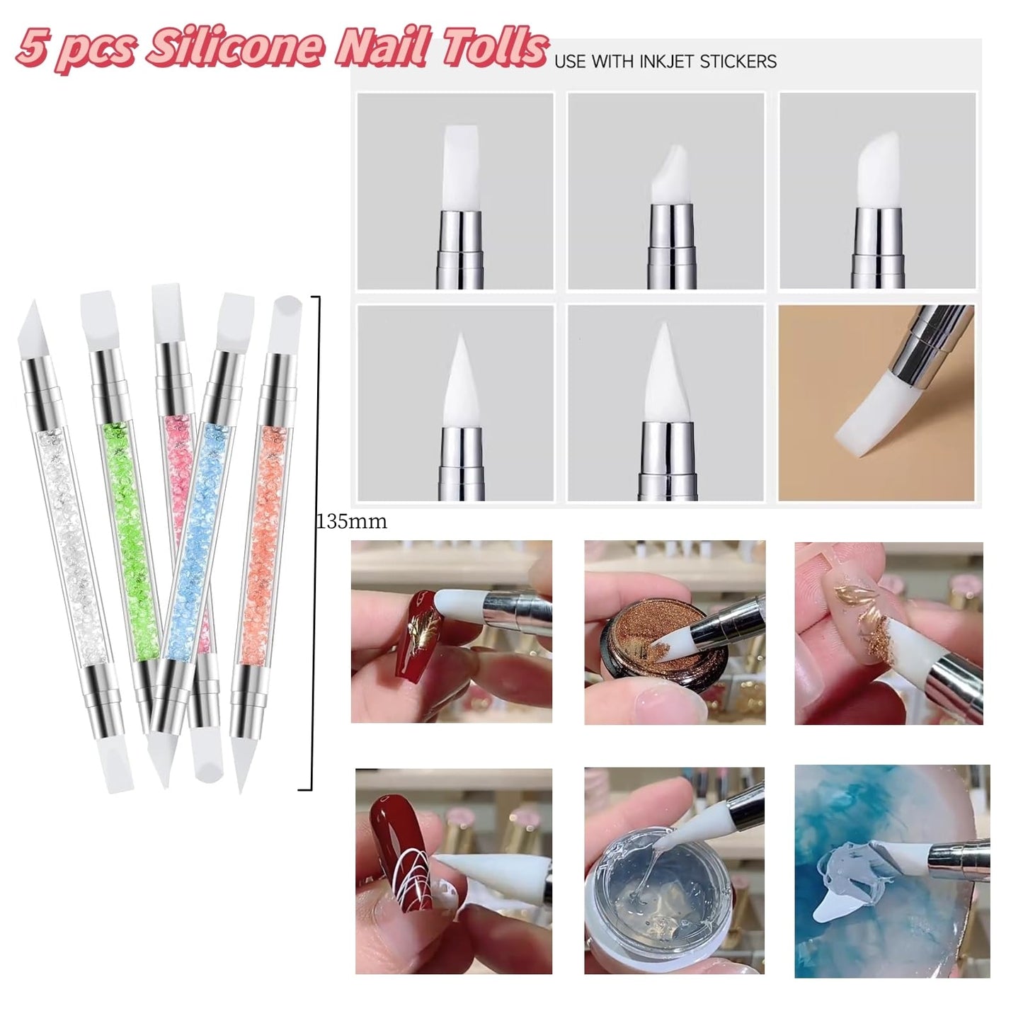 Gmtglla 14 Pcs Nail Art Tool Kit with Silicone Carving Brushes & Ombre Sponge Pen, Professional Dual-Ended Dotting & Liner Tools, Wax Picker Pencil & 2 Tweezers for 3D Nail Design DIY Manicure