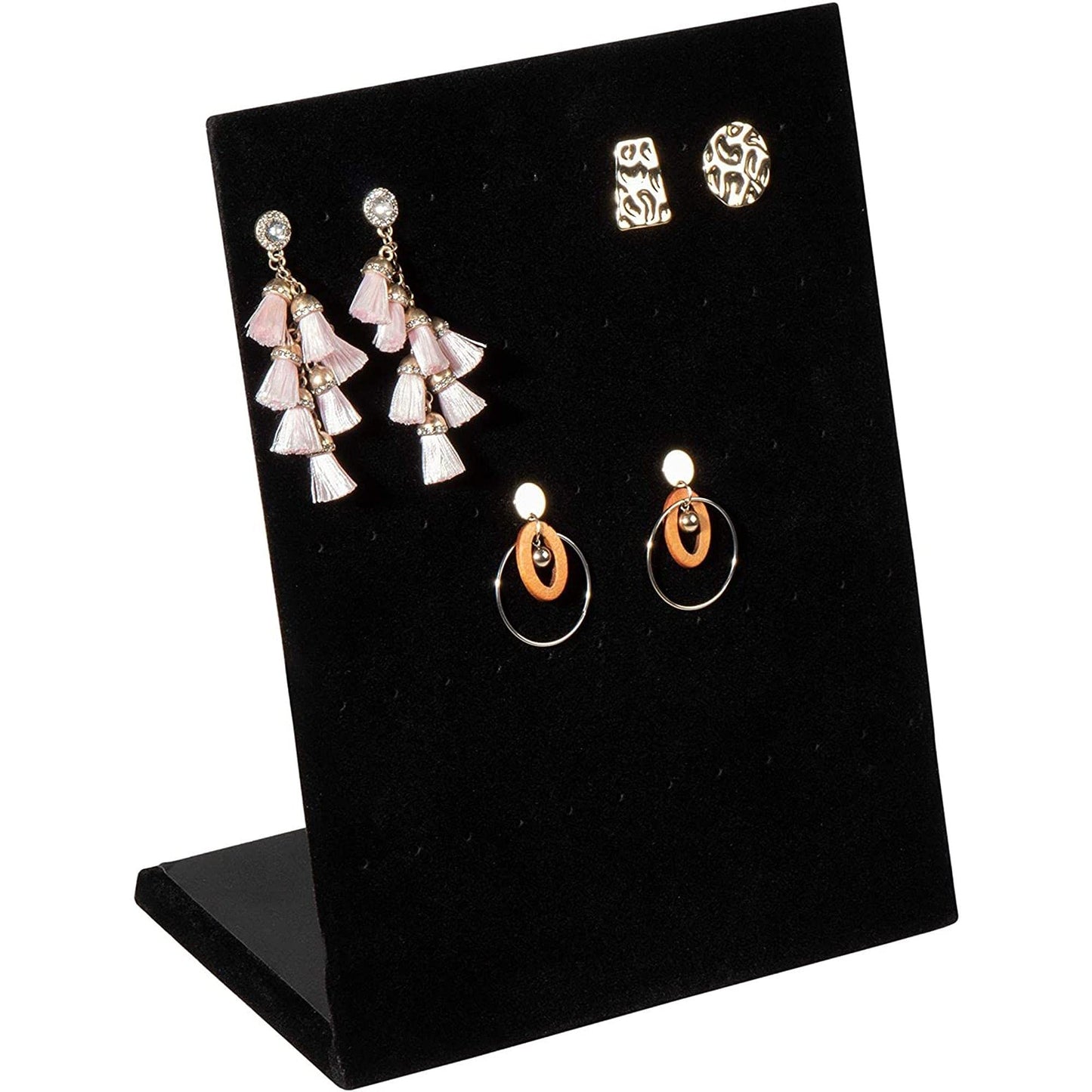 Jewelry Organizer Stand - Black Velvet L-Shape, 9.9 x 7.9 x 4 in - 60 Pre-Punched Holes Earring Display & Jewelry Storage Organizer - Tabletop Rack for Stud & Dangle Earrings