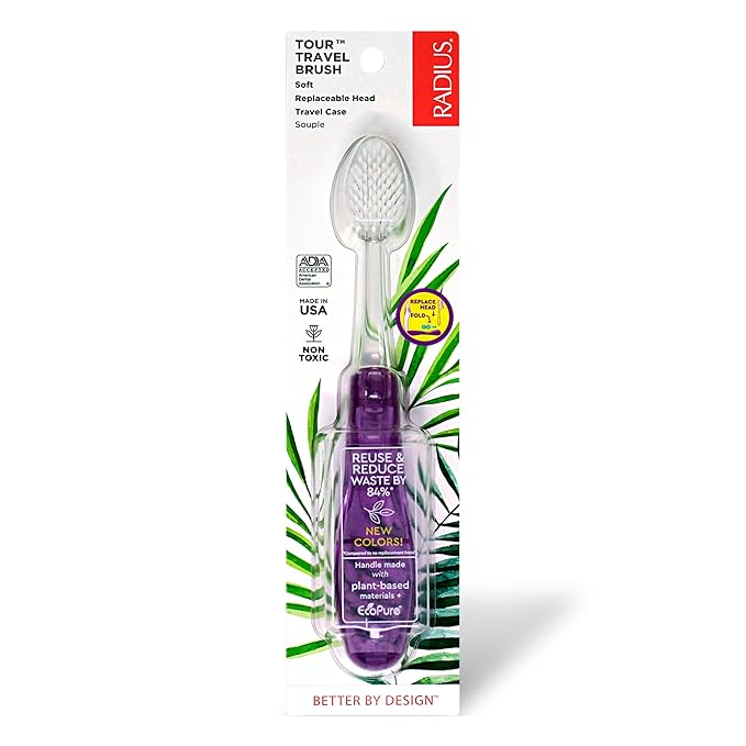 Radius Tour Travel Brush & Case with Replaceable Brush Head ADA Accepted Toothbrush Improve Gum Health - Purple - Pack of 1