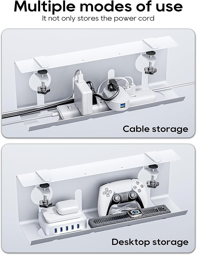 NODOCA No Drill Under Desk Cable Management Tray, 17'' Wire Management, Punch-Free Clamp on, Metal Cable Tray, Wire Organizer Under Desk, Under Dessk Basket for Office and Home, White