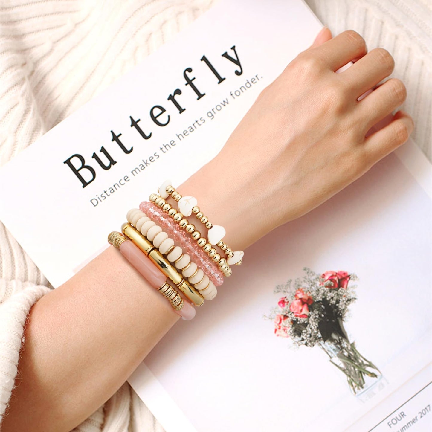 GOOJIDS Simple Beaded Gold Plated Bangles Bracelet Chunky Bamboo Tube Curved Stacking Clear Acrylic Colorful Beads Stretchable Gold Plated Bracelets Set For Women