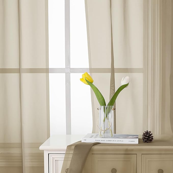Lecloud Taupe Sheer Curtains 63 Inch Length 2 Panels, Airy & Breathable Solid Voile Tan Bedroom Drapes with Dual Rod Pockets, Gauzy Farmhouse Living Room Window Treatments, 40" W x 63" L