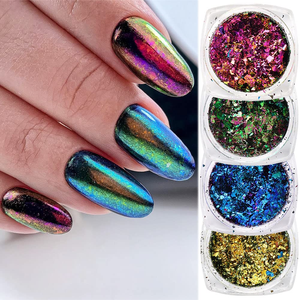 Mesiyun Nail Art Chameleon Glitters Sequins Chunky Iridescent Holographic Flakes Confetti Iridescent Powder for Nail DIY Craft 4 Jars
