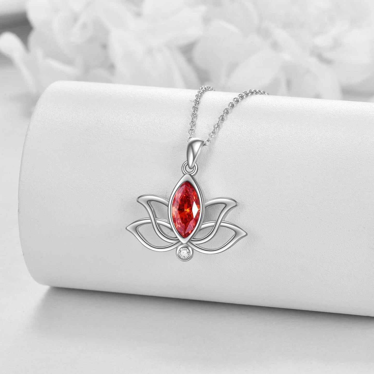 YFN Lotus Necklace Sterling Silver July Birthstone Pendant Created Ruby Jewelry Gifts for Women (Jul)