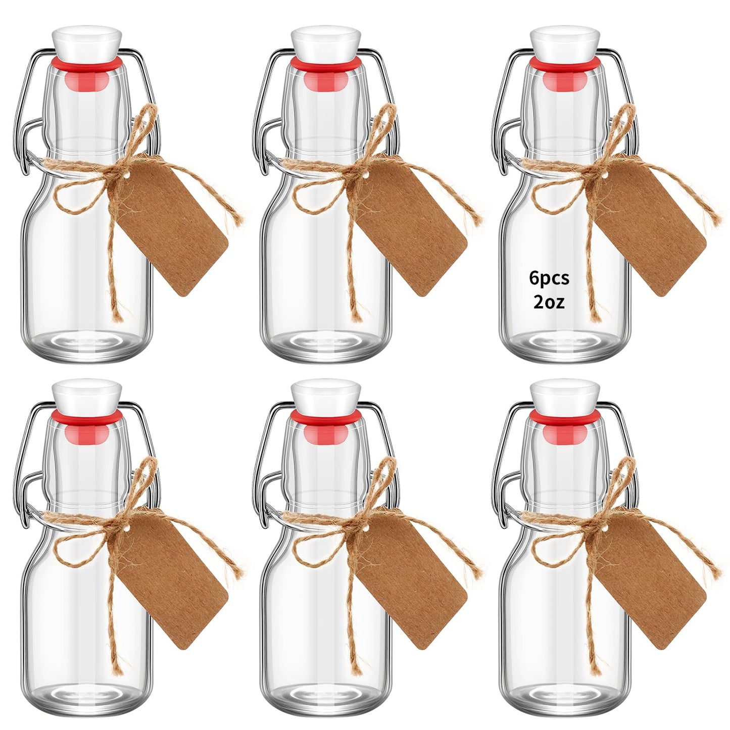 eispap 6Pcs Red Lid 2 oz Mini Swing Top Glass Bottles, 60ML Mini Storage Bottles, with Lids Kraft Decoration,Small Glass Bottles,for Wedding Themed Party Favors (6)