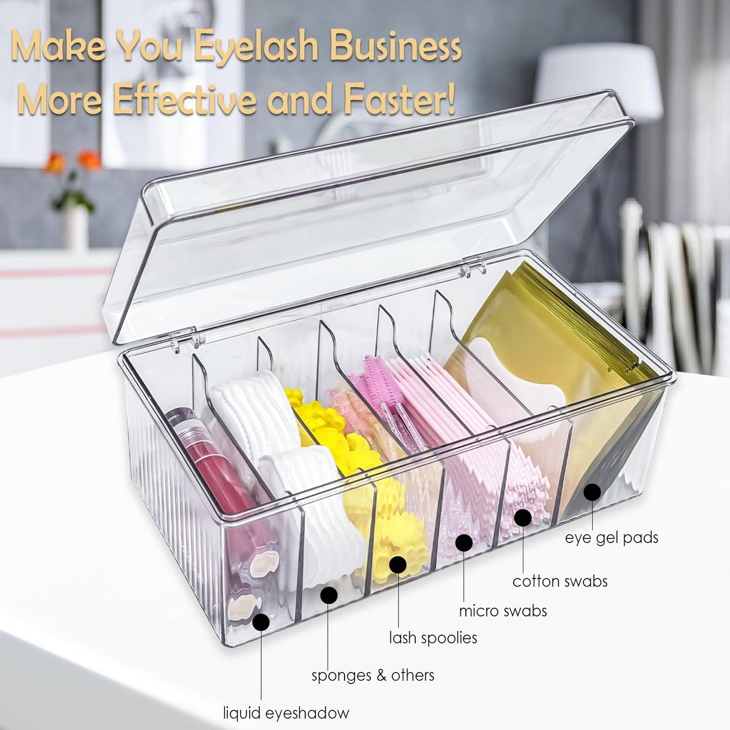EOREA Acrylic Lash Extension Organizer with Lid, 6 Compartment Lash Cart Storage for Lash Techs, Clear Secure Lid Eyelash Supplies Organizer for Salon & Home Use