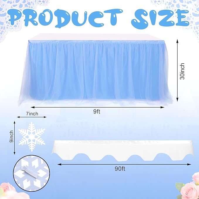 5 Pcs Winter Snowflake Wonderland Tablecloth Blue Tulle Table Skirt and White Tables Cover with Snowflake 30 x 108 Inch Winter Wonderland Table Cover for Winte Holiday Party Supplies Decorations