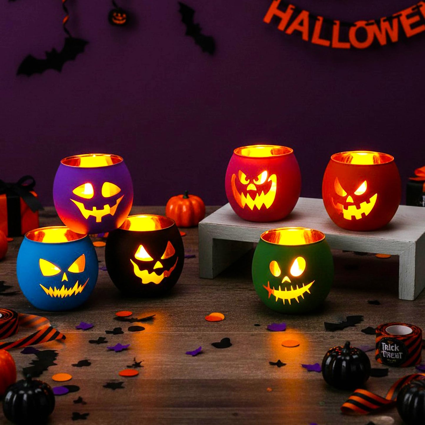 VIHOSE 6 Set Halloween Candle Holders Grimace Glass Votive Holder Tea Light with LED Battery Operated Candles Halloween Table Decorations for Home Table Centerpiece Decor Gifts