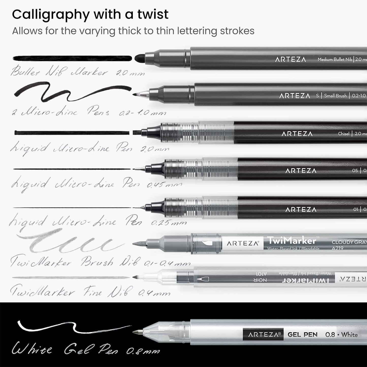 ARTEZA Hand Lettering Pens Set of 12 – Calligraphy and Brush Pens with Guidebook, Pencil, Eraser for Beginners Learning Hand Lettering and Decorative Writing