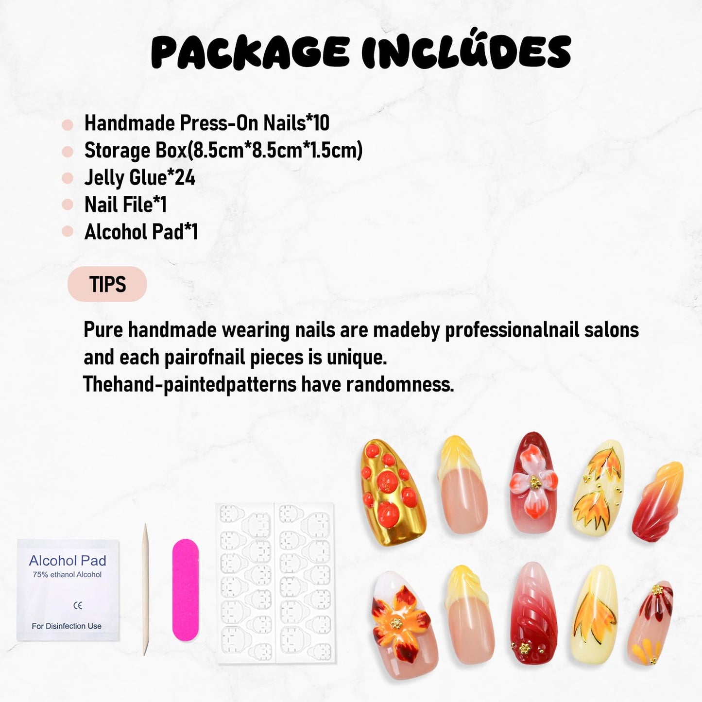 Handmade Press on Nails Fall Medium Almond Fake Nails Yellow Gradient Flower & Autumn Leaves Designs Full Cover Thickened Salon Quality False Nail French Acrylic Nails Stick on Nail for Women（Size M）