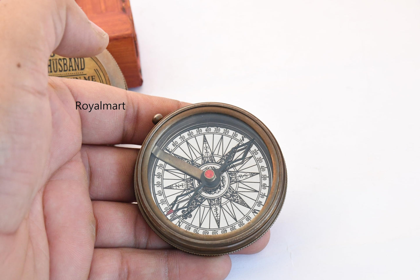 Royalmart Engraved Compass Gift for Men Personalized with Wooden Box Handmade Antique Brass Compass Keepsake Gifts for Husband Navigation Graduation Gift for Women (to My Husband #8)