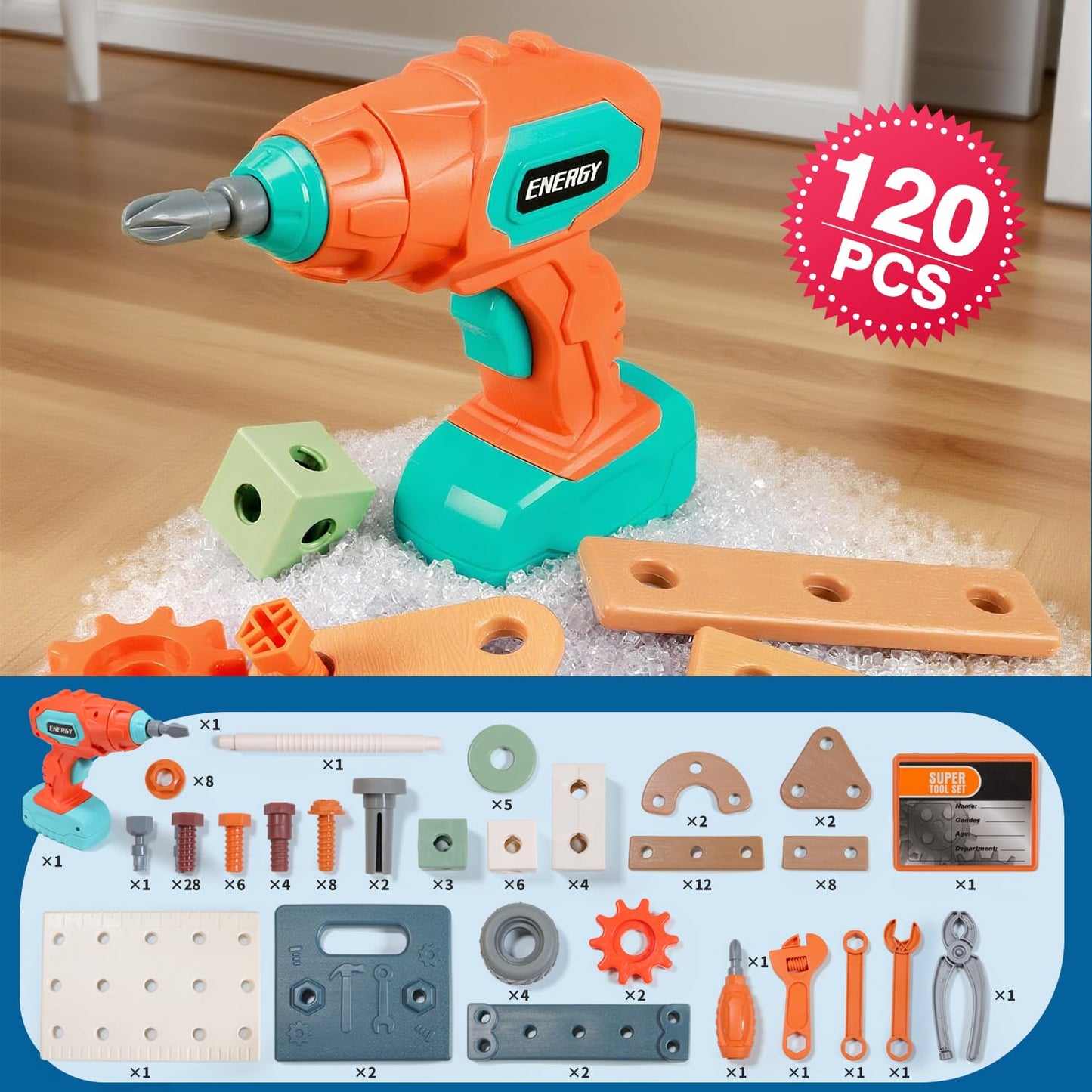 VEAIS Kids Tool Set with Drill,120Pcs Toddler Tool Set with ToolBench,Montessori Toy for 2+Year Old,Educational STEM Construction Toys for Ages 2-4,Pretend Play Toddler Toys 3-5 Year Old Birthday Gift