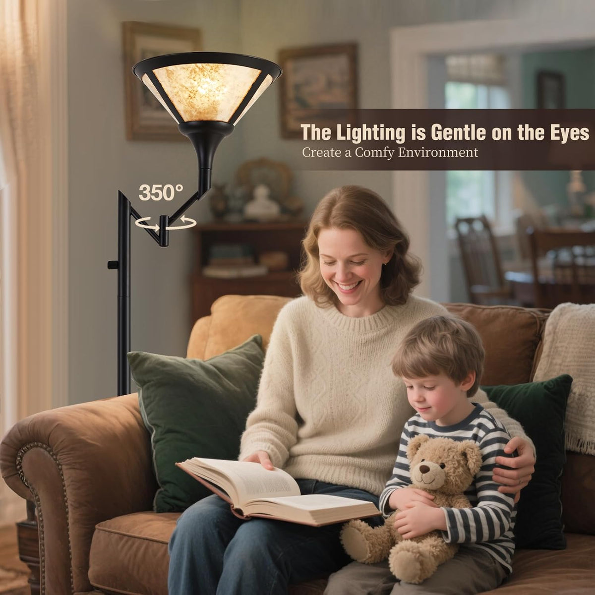 Floor Lamps for Living Room - 70" Black Torchiere Standing Floor Lamp with White Mica Shade - Tall Corner Lamp Decor for Bedroom with Adjustable Swing Arm LED Reading Light for Home Office