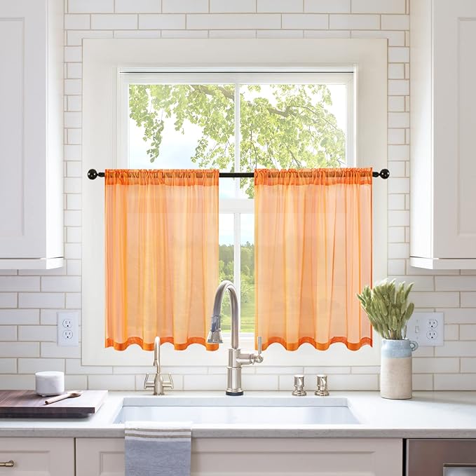 MIULEE 2 Panels Fall Kitchen Tiers Half Window Sheer Curtains-Rod Pocket Voile Drapes for Kitchen Bathroom-Small Windows 29 by 36 Inch Orange