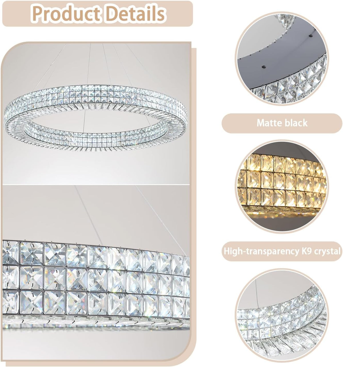 Dia 40" Modern Chandelier Ring Crystal Chandelier Adjustable Height Luxury Crystal Pendant Ceiling Light Fixture for Dining Living Room Bedroom