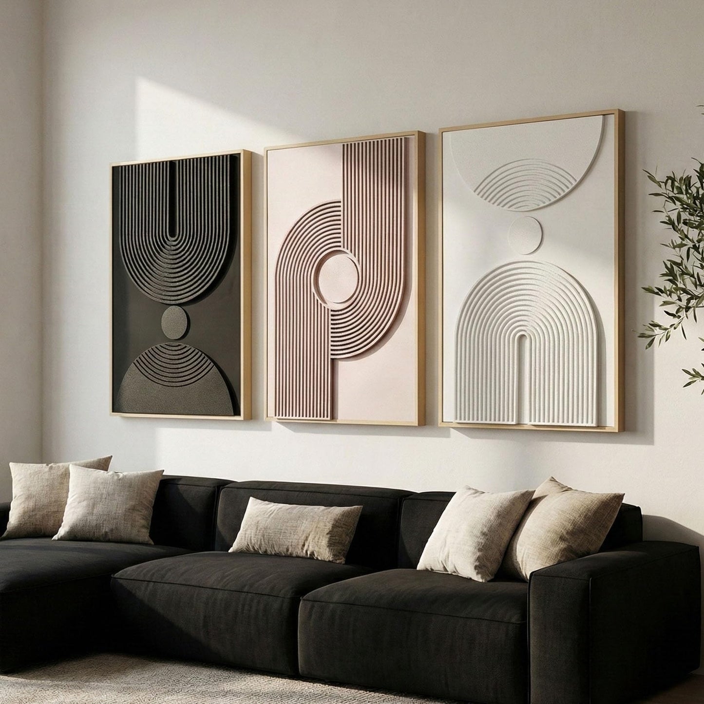 Framed 3D Textured Boho Neutral Abstract Wall Art for Bedroom, 3 Piece Mid Century Modern Artwork for Walls, Creamy White Brown Relief Sculptures for Diningroom Hallway Wall Decor 16x24 In