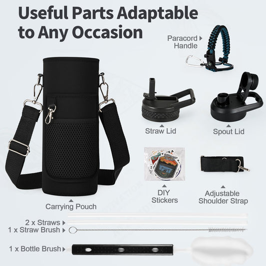 WixByti 40 oz Insulated Water Bottle with Straw (Cold for 36 Hrs), Stainless Steel Triple Wall Vacuum Sports Water Jug, Leakproof Hydro Cup Flask with Paracord Handle & Straw Spout Lids & DIY Stickers