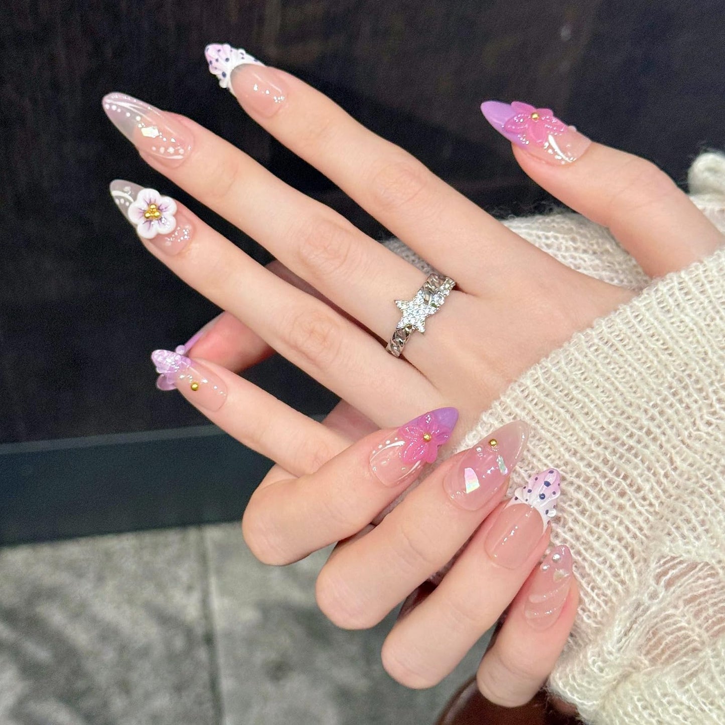 10Pcs Handmade Almond Press on Nails Medium Almond Fake Nails with 3D Flower Design Polka Dot Press on Nails Purple French Tip Acrylic Nails Press ons Spring Summer Flower Stick on Nail for Women (S)