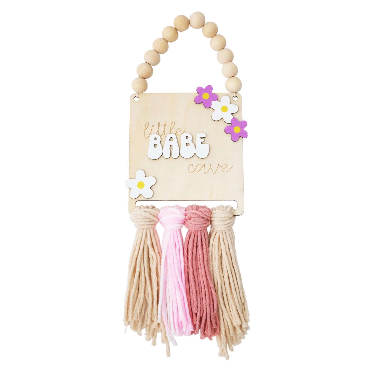 Little Babe Cave, Boho Style Wooden Bead Girls' Decor, Floral macrame Girls Sign, Daisy Sign - Nursery Decor