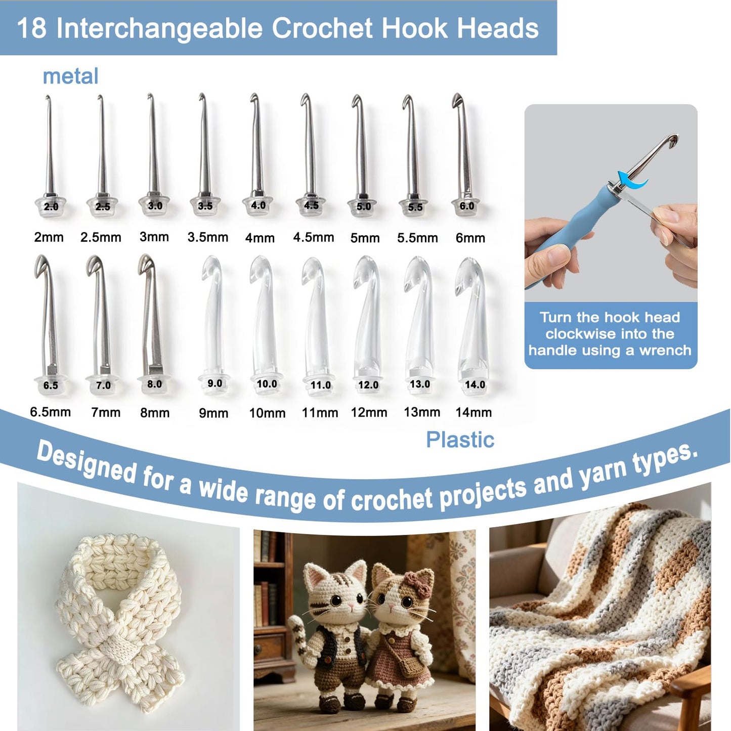 Light Up Crochet Hooks Set with Digital Stitch/Row Counter,18 Interchangeable Hooks (2.0–14.0 mm), Ergonomic Comfort Grip,Dual Light Modes with a Storage Case – A Perfect Gift for Crocheters