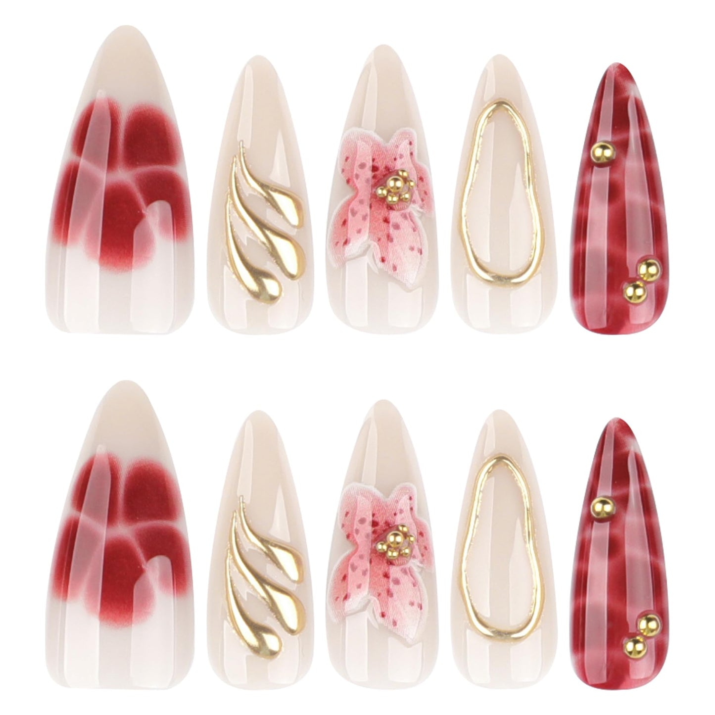 plalely Long Press on Nails Almond, Acrylic Press on Nails with Flower Designs, Long Almond Nail Tips for Women 24pcs