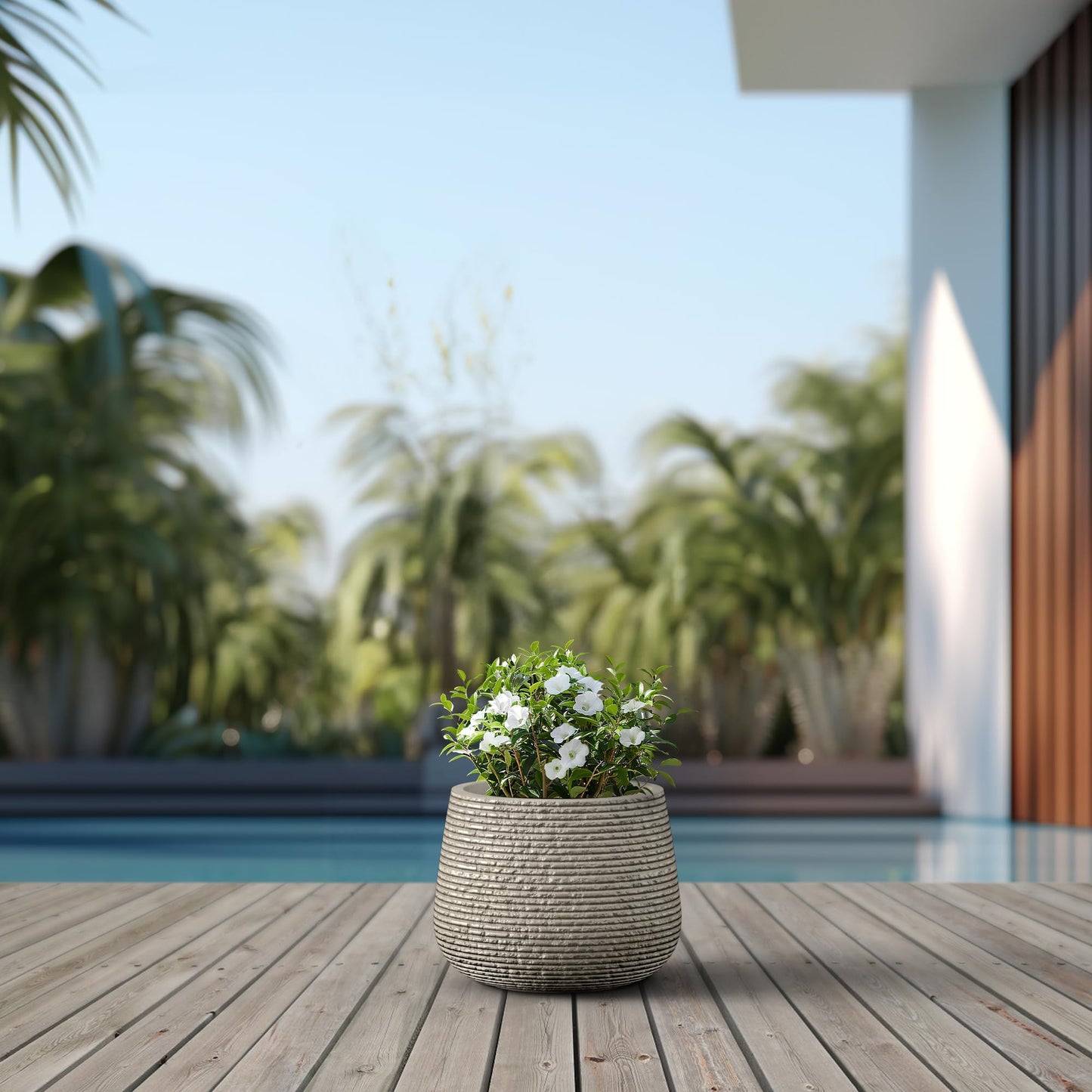 Kante 12.5" Dia Round Fluted Planter with Surface Indentations, Large Flower Pot with Drainage Hole for Indoor & Outdoor Plants, Weathered Concrete Finish with Painted Interior