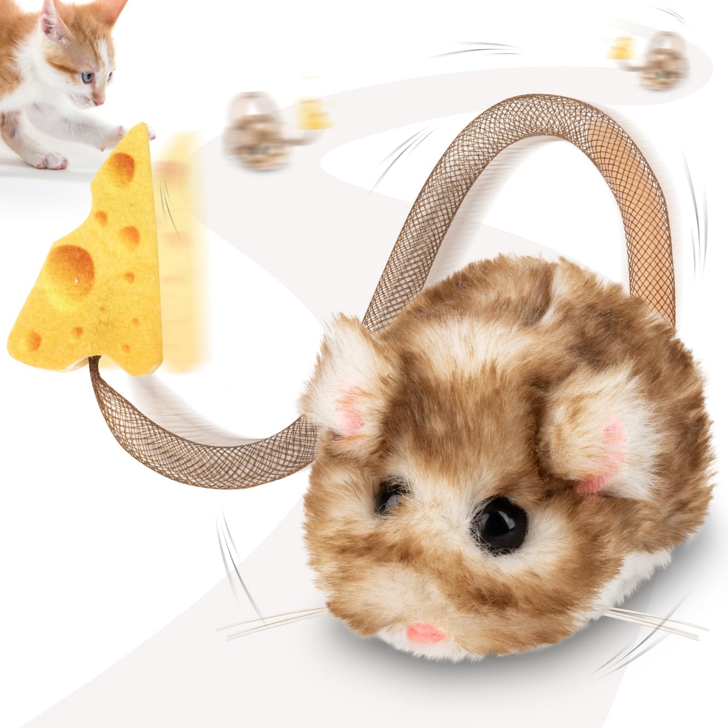 Migipaws Interactive MigiMouse Cat Toy 360° Rolling & Spin with Mesh Plastic Tail for Indoor Cats Smart Motion Sensor, Realistic Squeak, Rechargeable Plush Kitten Toy(Brown Long)