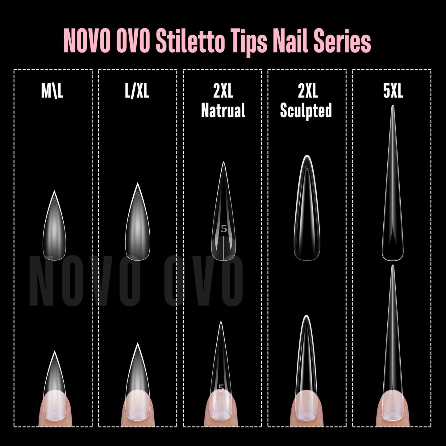 NOVO OVO Sharp Stiletto Pointed Medium Long Nail Tips Press on, Soft Gel Double Matte Clear Fake Nail Extension, Full Cover False Nails for Salon DIY x 16 Sizes 224 pcs