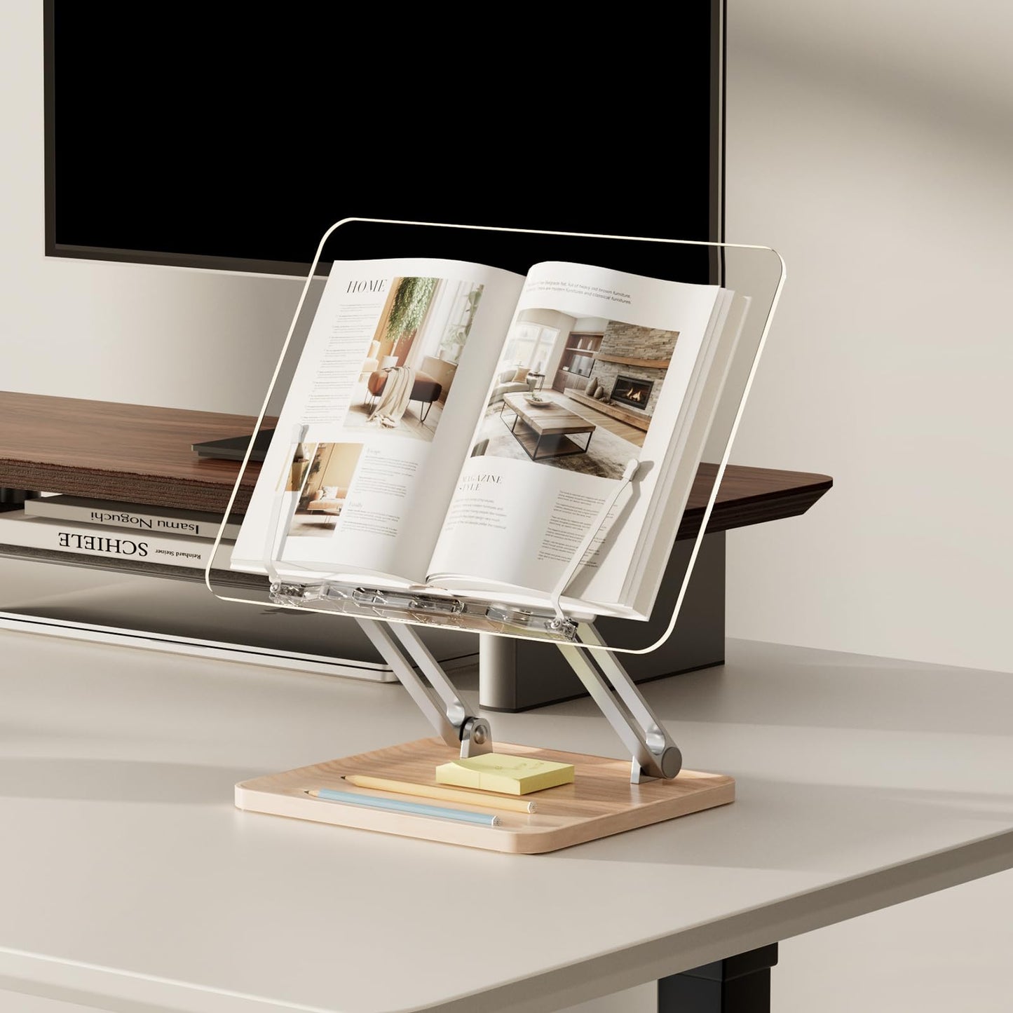 Adjustable Acrylic Book Stand for Reading, Book Holder with Pen Slot, Foldable Desktop Riser for Laptop, Recipe, Textbook - Hands-Free,Cookbook Stand, Clear Design with Page Clips