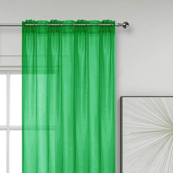 SpaceDresser Sheer Voile Window Treatment Rod Pocket Curtain Panels for Kitchen Bedroom Living Room Drapes Sunlight Filtering Privacy Semi Home Decor Assorted Colors Sizes (Green, 52 W x 63 L)