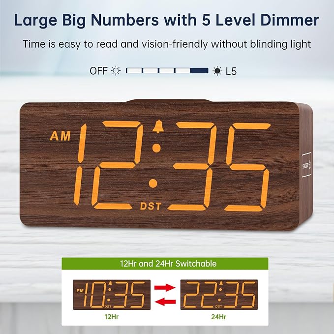 DreamSky Wooden Digital Alarm Clock with Wireless Charging for Bedroom