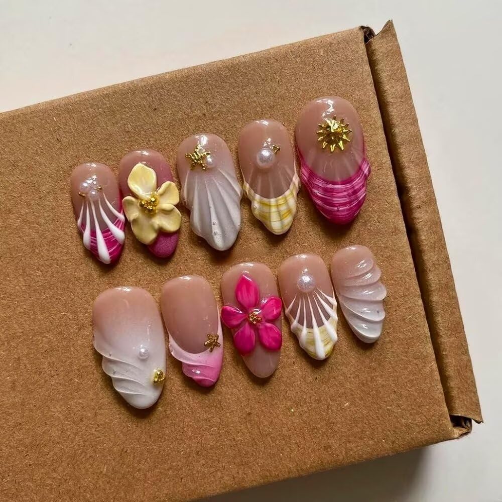 Press On Nails - Luxury Almond 3D False Nails Women Reusable ABS Material Finger Printed Nail Tip French Salon Design Artificial Fingernail (Size S)