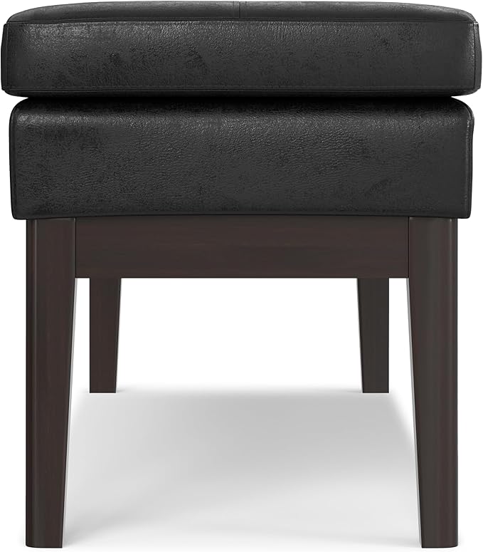 SIMPLIHOME Carlson 45-inch Wide Vegan Faux Leather Ottoman Bench in Distressed Black with Solid Wood Frame for Living Room, Entryway, or Bedroom