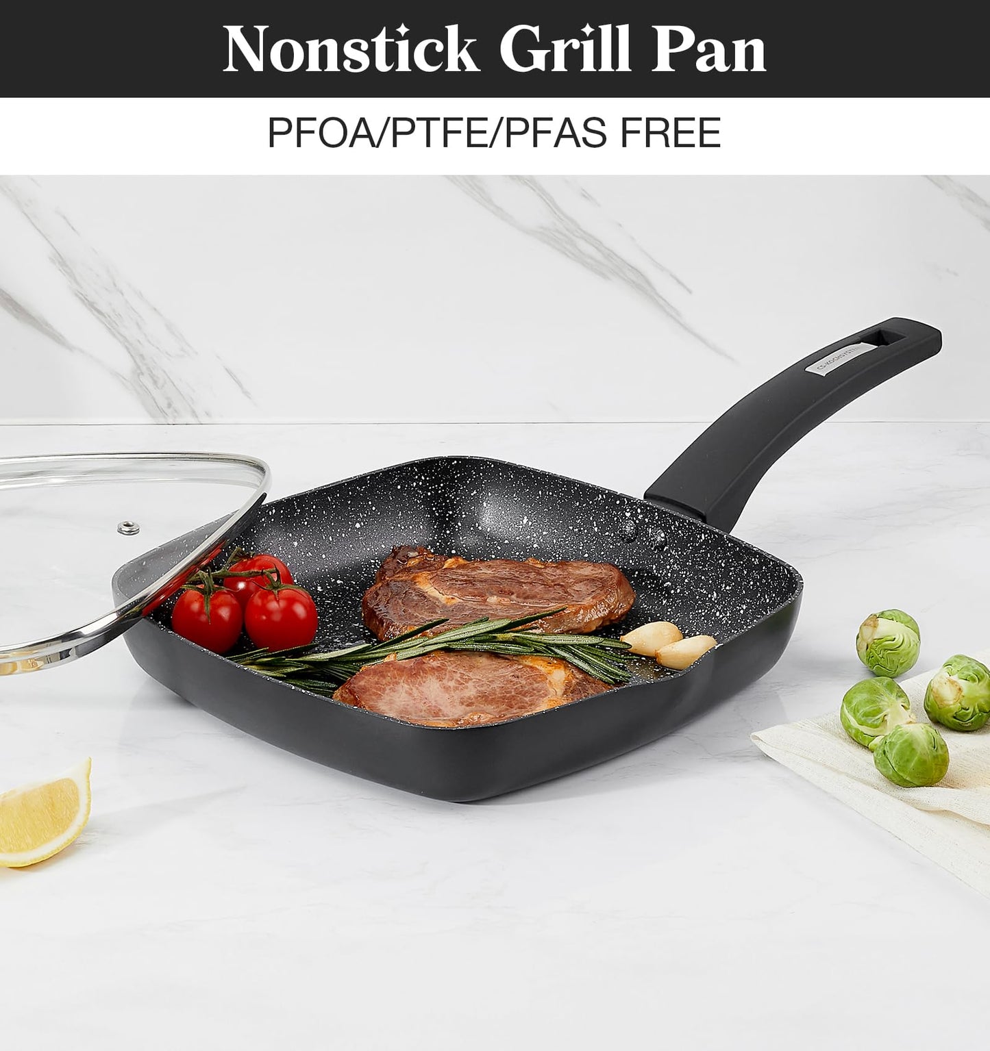 KOCH SYSTEME CS Nonstick Grill Pan 11 Inch, Marble Coating Square Grill Pan with Lid, Ultimate Nonstick Square Skillet with Bakelite Handle, Compatible with All Stovetops, Toxic-Free, 11 Inch