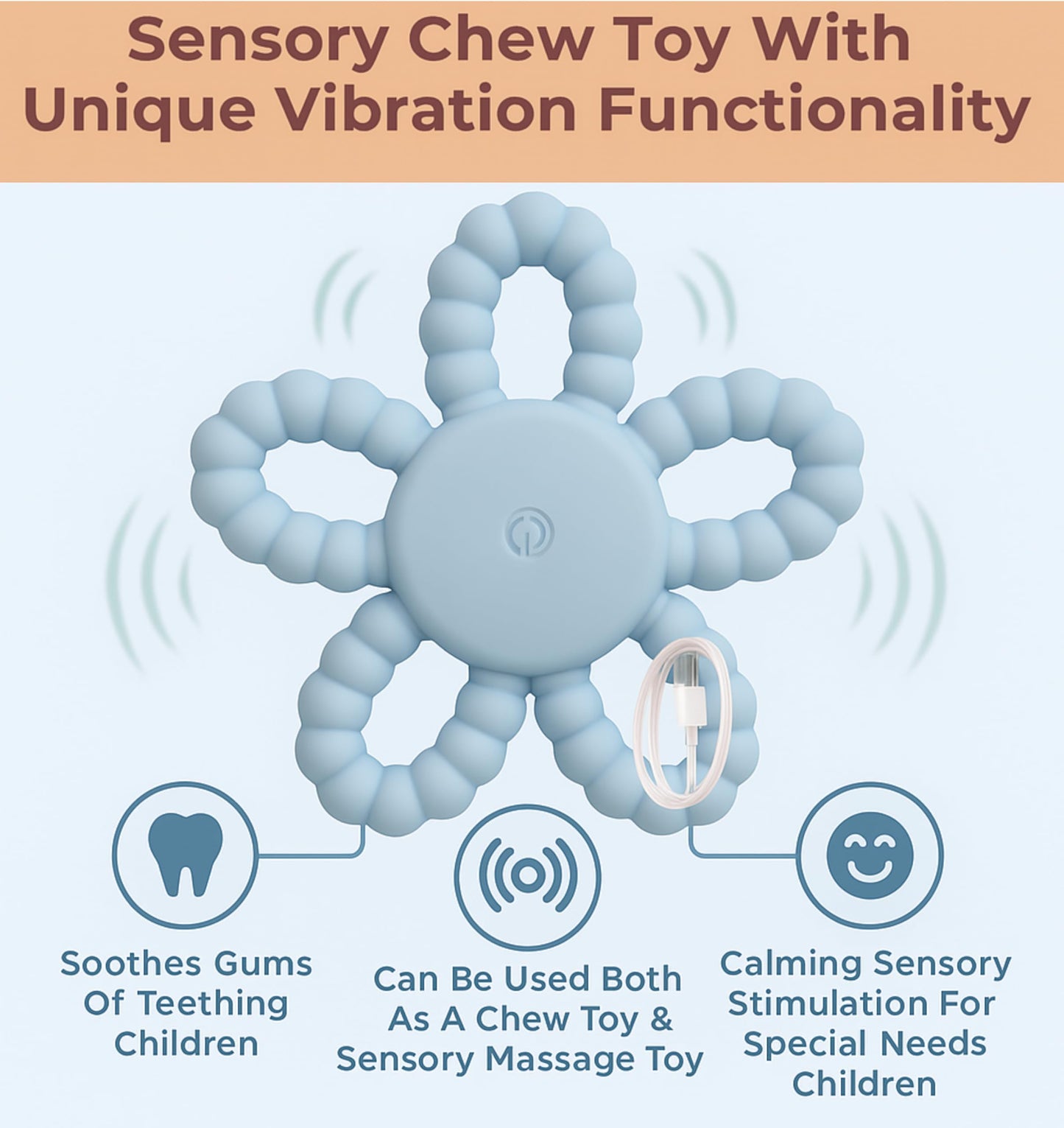 Vibrating Teether for Babies, Soft Silicone Baby Teething Toy with 3 Vibration Levels, USB C Rechargeable BPA Free Teether for Infant & Toddler, Sensory Chew Toy (Blue)