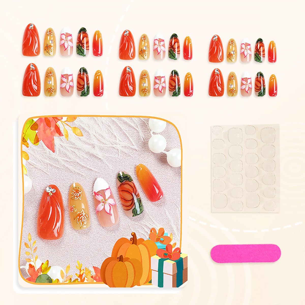 30Pcs Fall Press on Nails Medium Almond French Tip Fake Nails with 3D Flower Gold Sliver Gems Design Maple Leaf Pumpkin False Nails Glossy Glue on Nails Full Cover Artificial Stick on Nail for Women