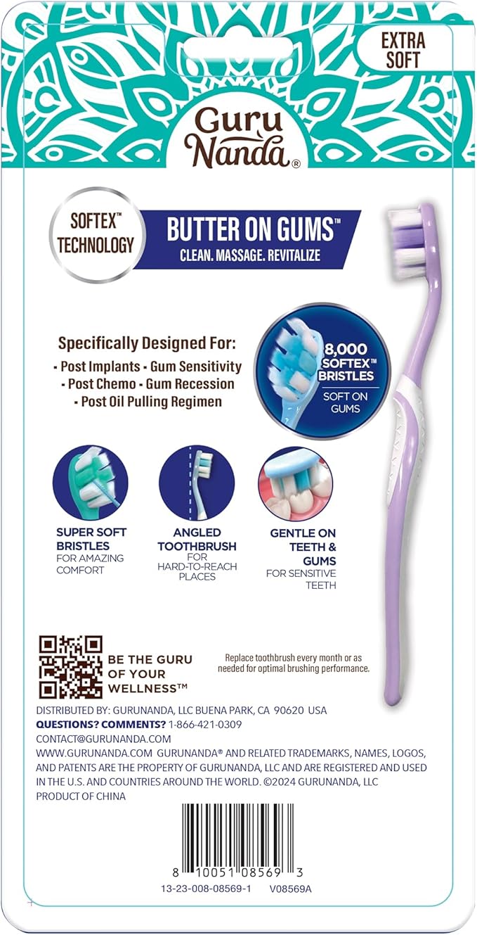 GuruNanda Butter On Gums Toothbrush, ADA Accepted, with 8000+ Ultra Soft Softex Bristles for Sensitive & Receding Gums, Perfect for Whiter Teeth, 8 Ct