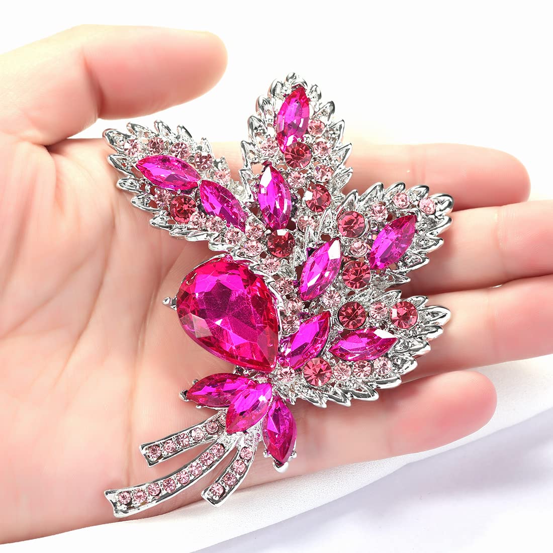 YOQUCOL Rose Red Austrian Crystal Leaf Shape Bouquet Big Large Brooch Pin Rhinestone Scarf Decoration Wreath Cloth Pin For Women