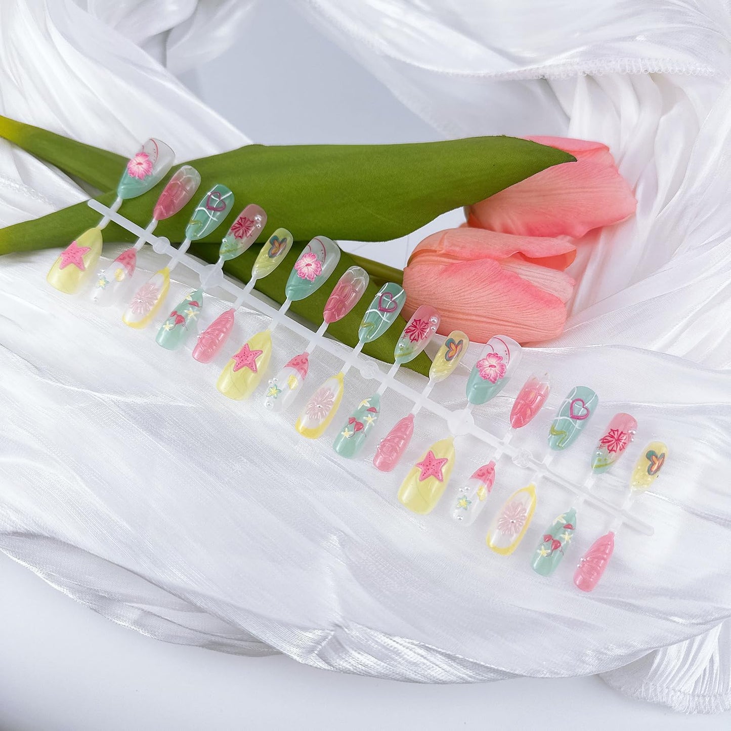 NZRAESTRS 30Pcs Summer Press on Nails Medium Almond Fake Nails with 3D Starfish Designs, 30pcs Beach Press on Nails, 1pc Nail File, 24pcs Nail Jelly Stickers, 1pc Wooden Stick